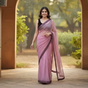 Beautiful Pink Net Saree with Black Velvet Blouse for Parties