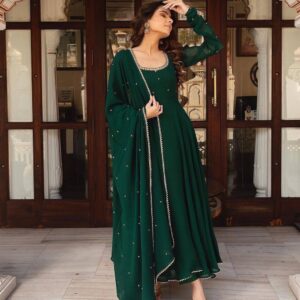 Bottle Green Georgette Handwork Maxi Dress with Dupatta