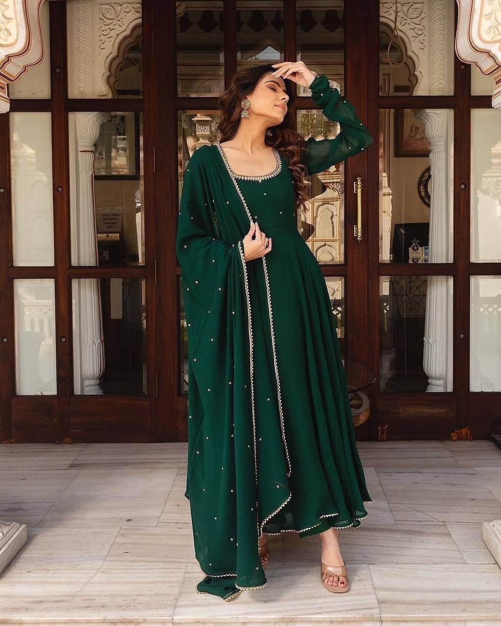 Bottle Green Georgette Handwork Maxi Dress with Dupatta