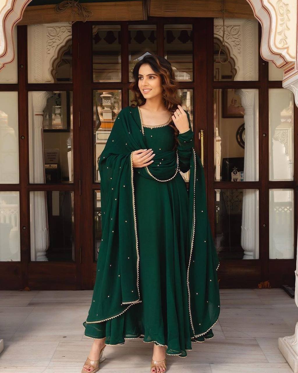 Bottle Green Georgette Handwork Maxi Dress with Dupatta