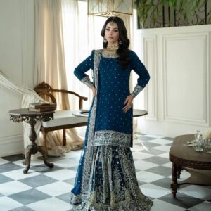Designer Blue Moti Work Heavy Georgette Embroidered Gharara Set