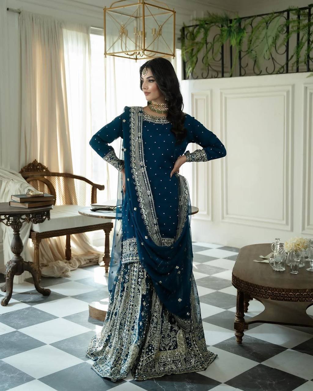 Designer Blue Moti Work Heavy Georgette Embroidered Gharara Set