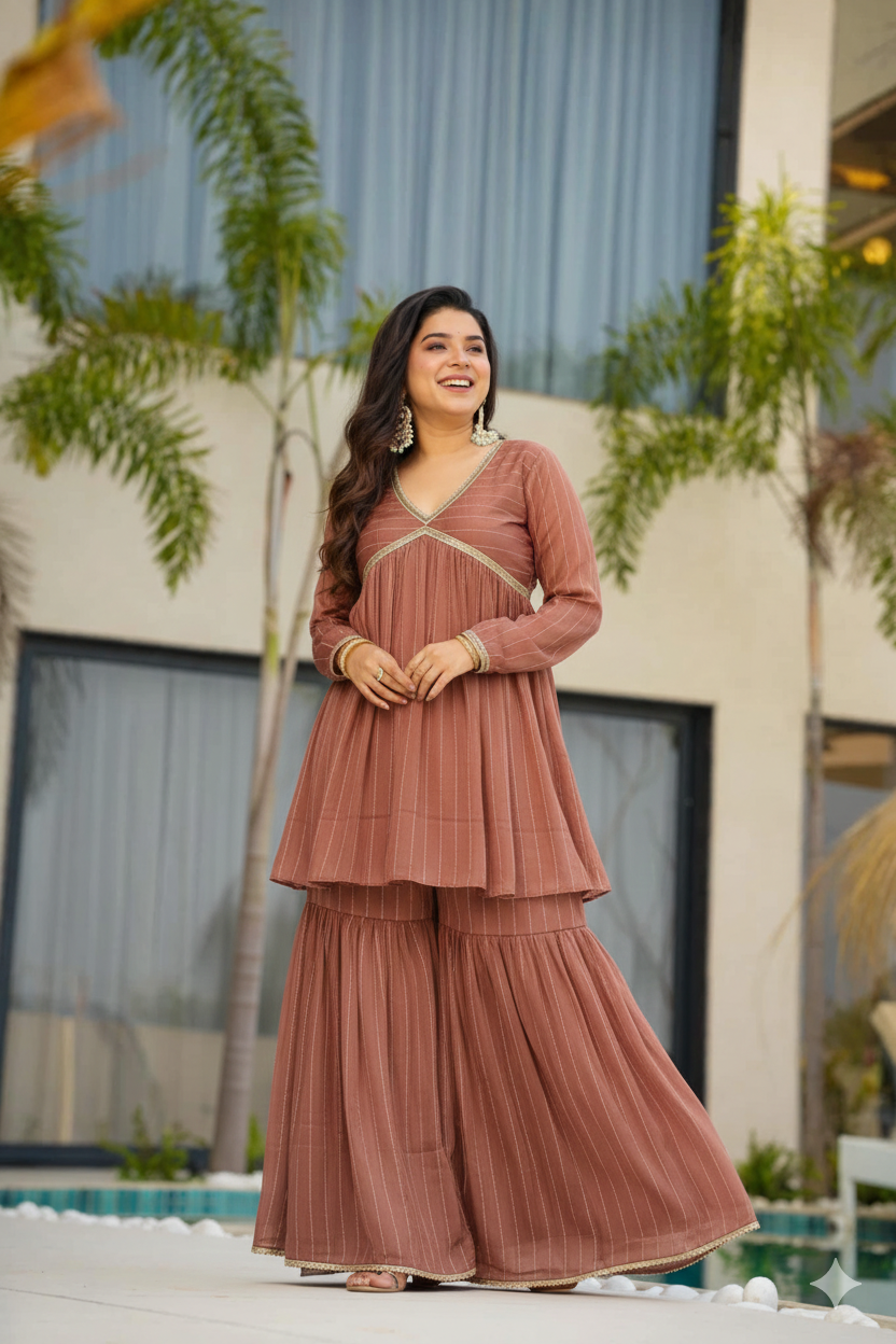 Designer Printed Kurta Sharara Set with Lace Work