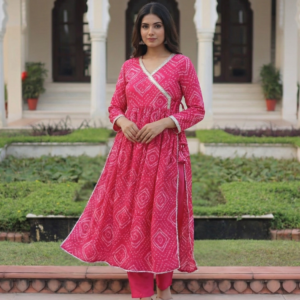 Exclusive Pink Bhandej Printed Full Length Anarkali with Pant