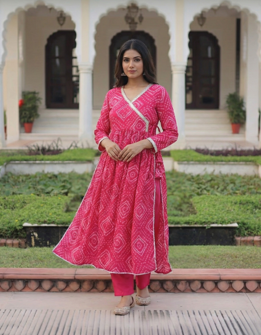 Exclusive Pink Bhandej Printed Full Length Anarkali with Pant
