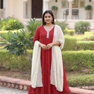Ethnic Gotta Work Bandhej Anarkali gown with Dupatta