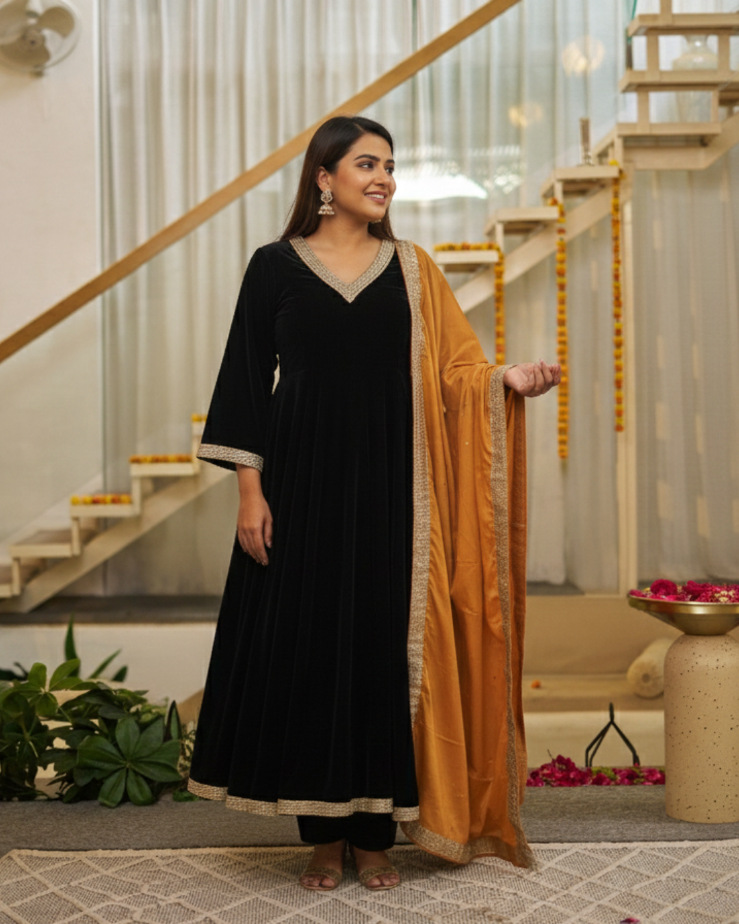 Ethnic Black Anarkali, Pant & Dupatta with Gotta Lace Work
