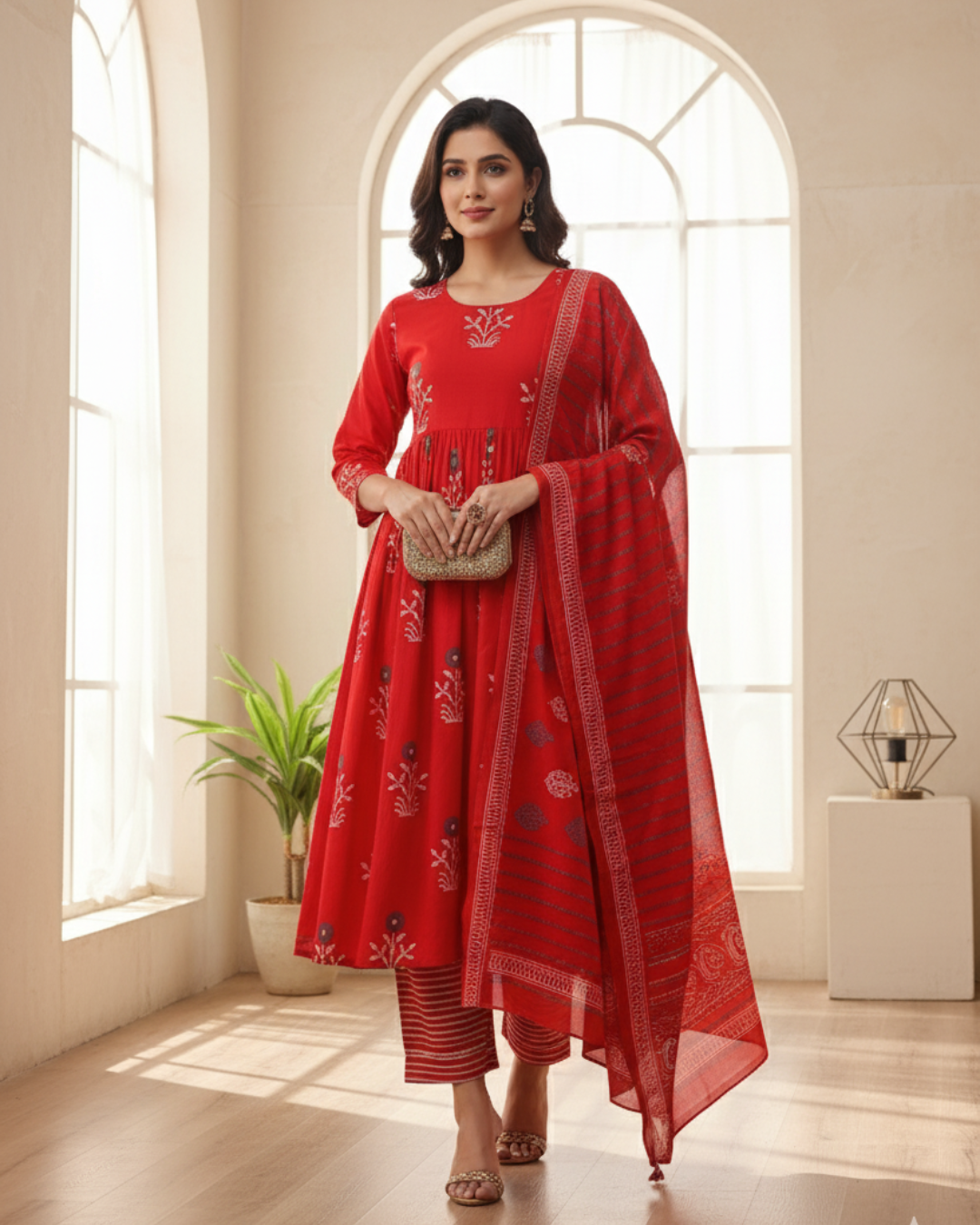 Ready to Wear 3 Pc Red Cotton Printed Gown