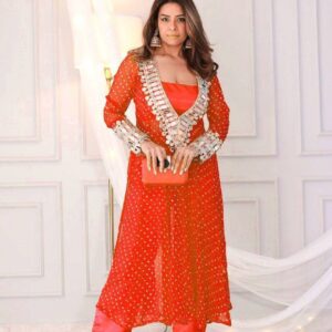 Mahira Orange Digital Printed with Mirror Work Crop Top with Kurta Set