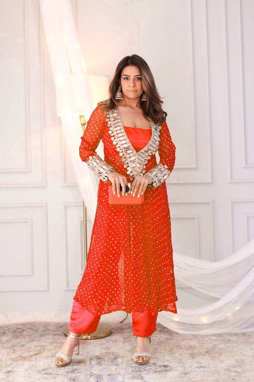 Mahira Orange Digital Printed with Mirror Work Crop Top with Kurta Set