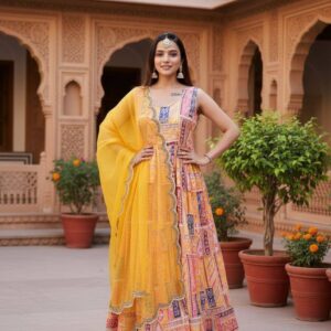 Saanvika Satin Kurta with Crepe Pant & Organza Dupatta