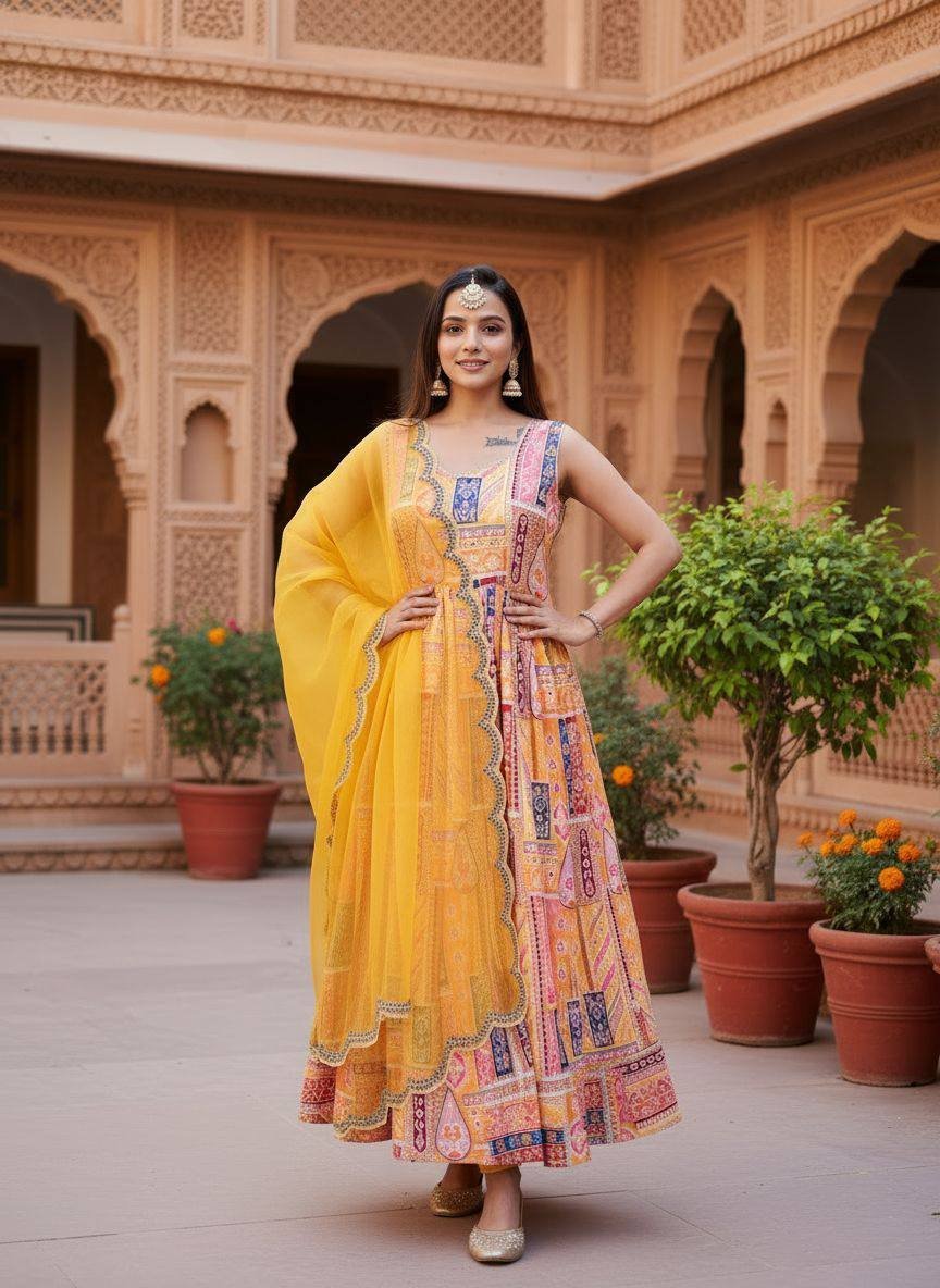 Saanvika Satin Kurta with Crepe Pant & Organza Dupatta