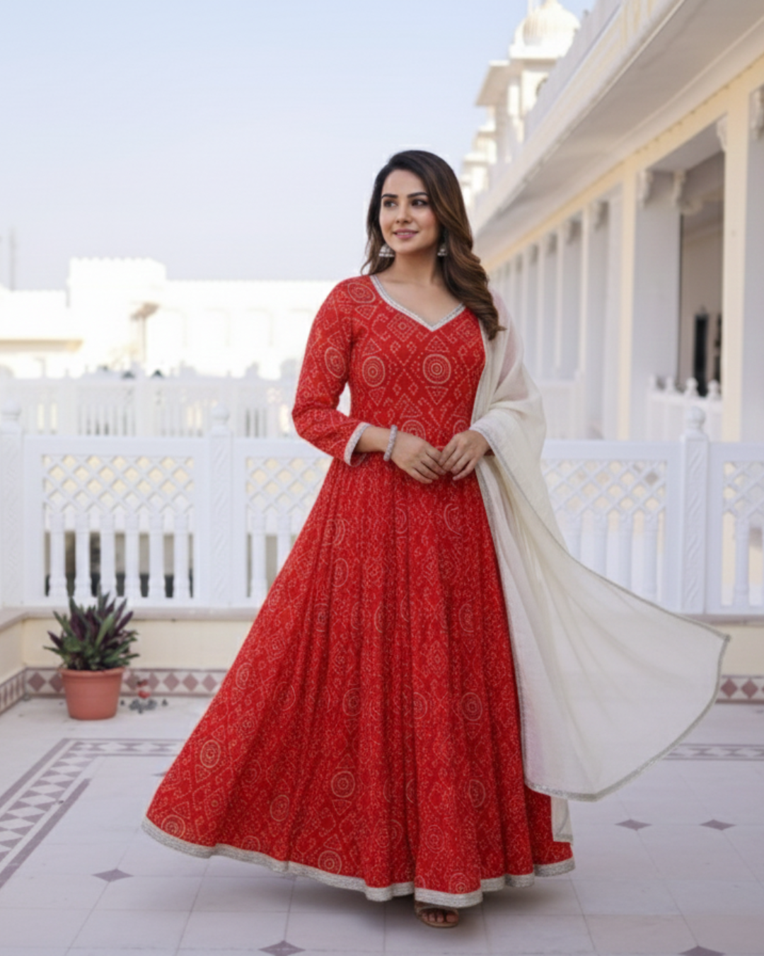 Red Bhandej Printed Anarkali Gown with Gotta Lace Work Dupatta