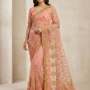Exclusive Peack Soft Net Saree with Heavy Embroidery & Moti Work for Weddings