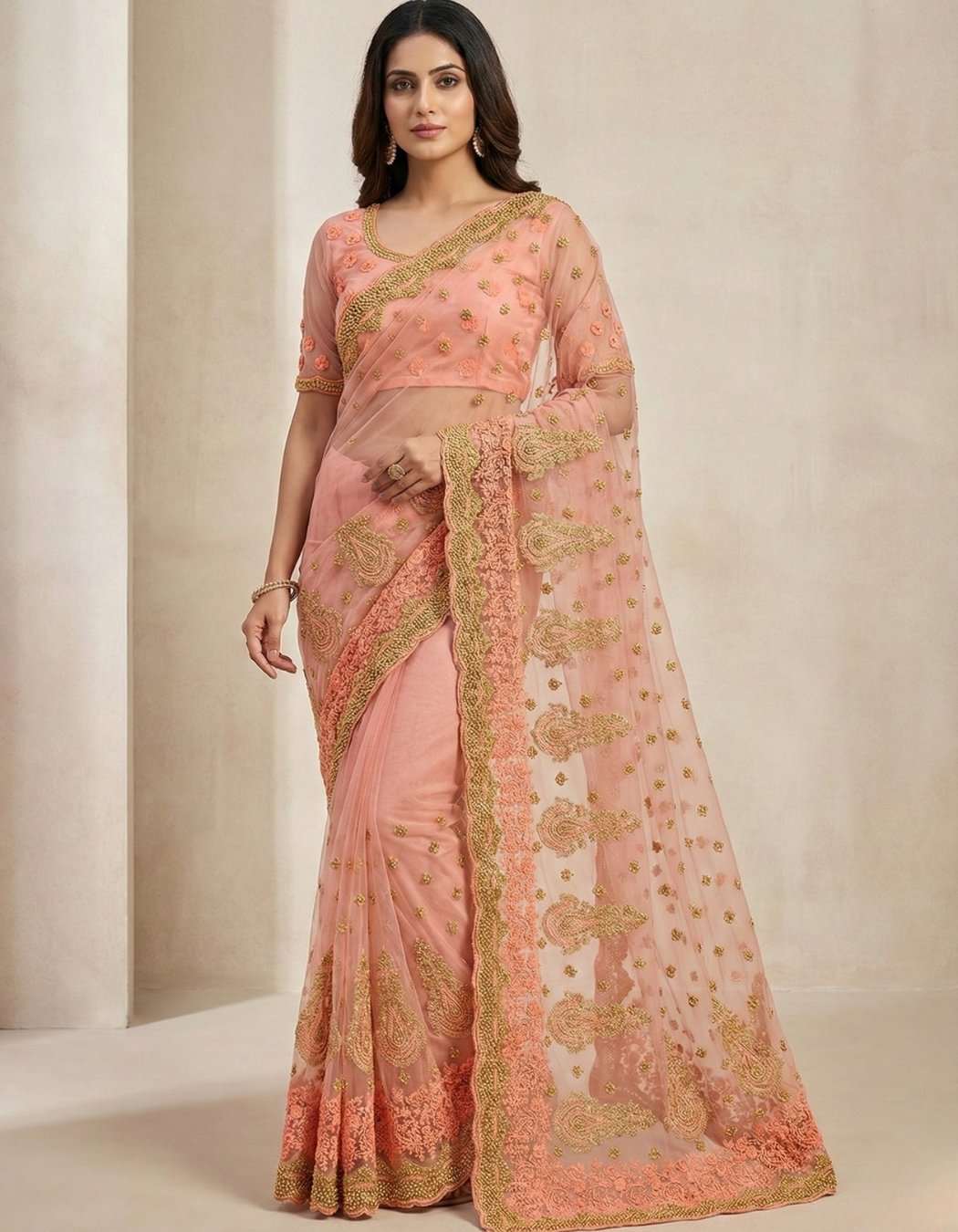 Exclusive Peack Soft Net Saree with Heavy Embroidery & Moti Work for Weddings