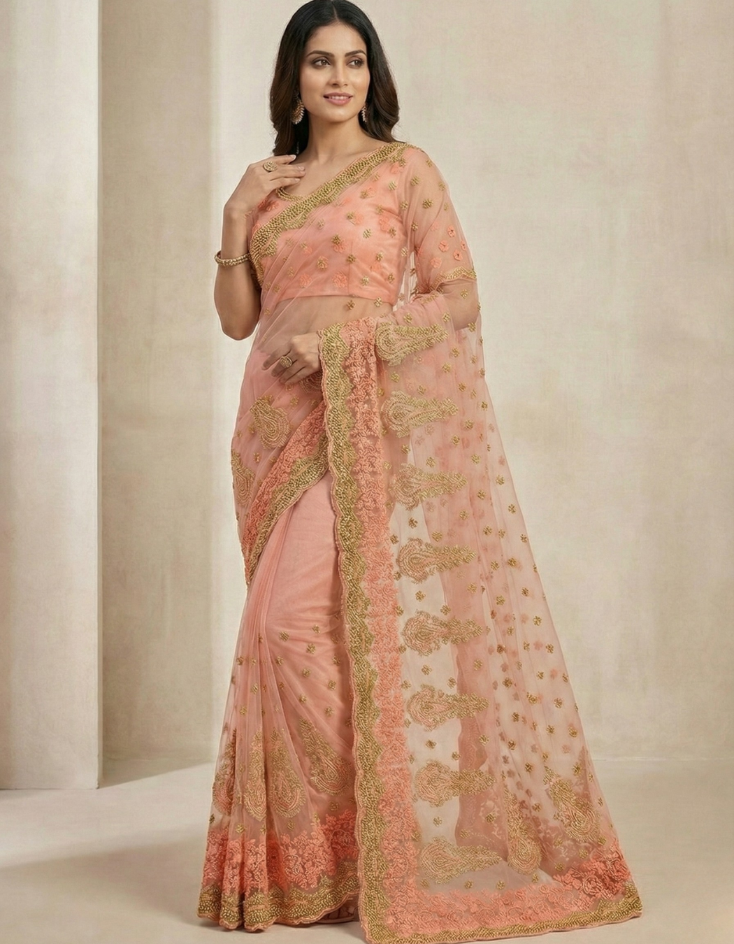 Exclusive Peack Soft Net Saree with Heavy Embroidery & Moti Work for Weddings